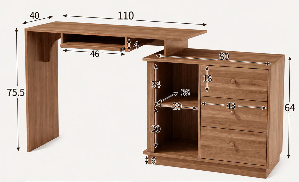 Bureau pliable multifonction en bois avec 3 tiroirs et rangements