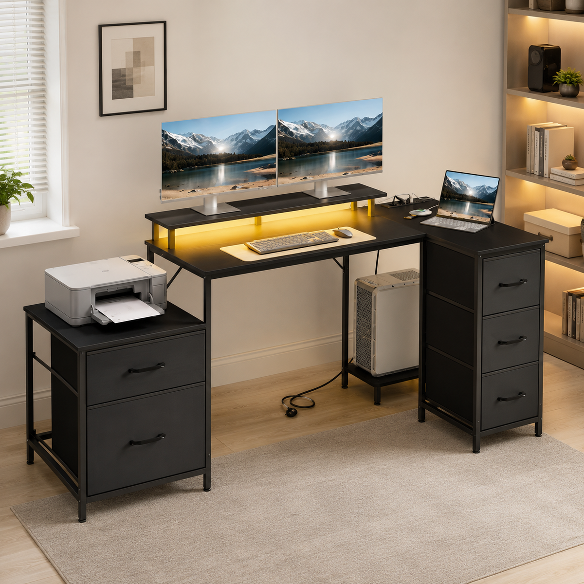 Bureau d’angle noir avec LED, 180 cm avec 5 tiroirs, rangements et ports USB