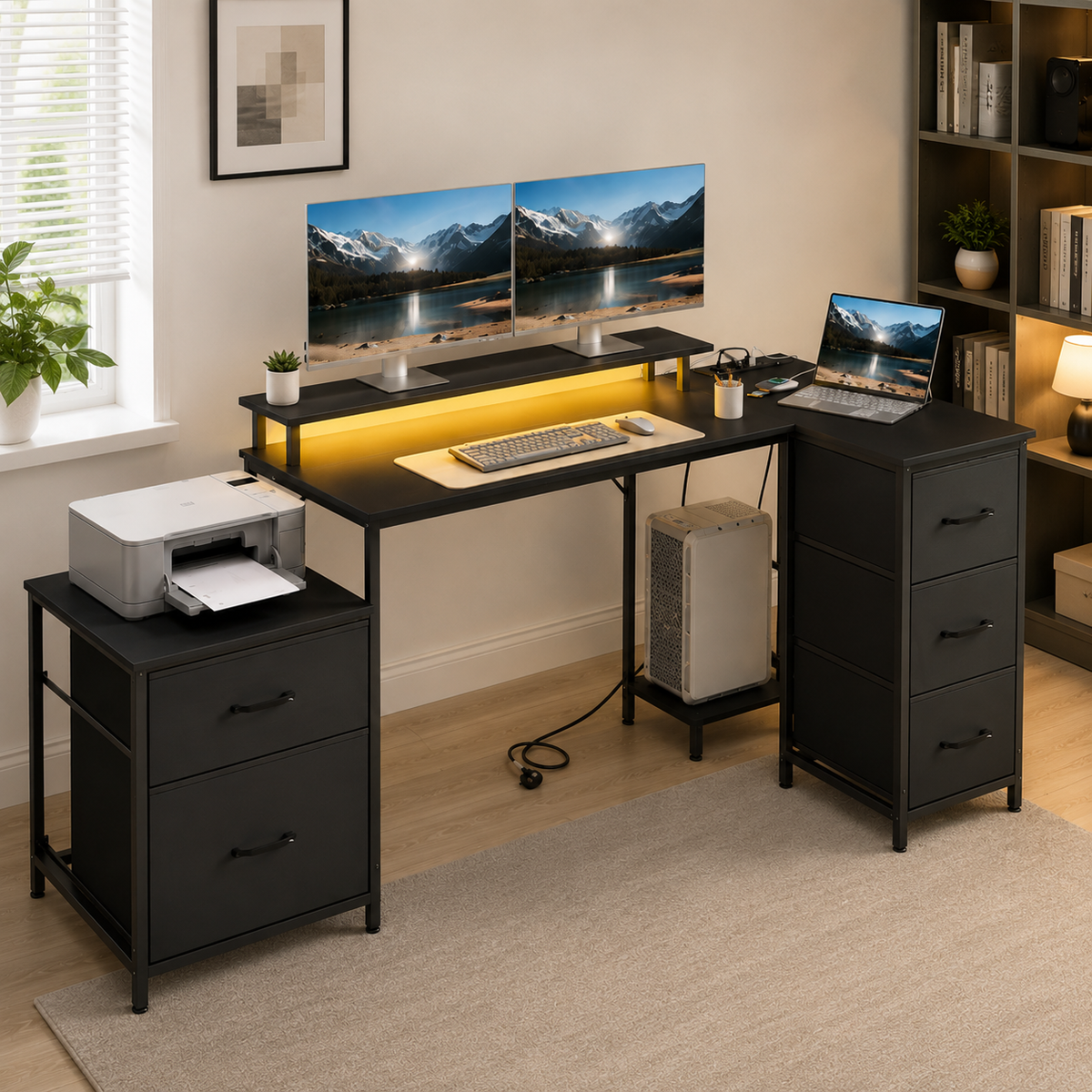 Bureau d’angle noir avec LED, 180 cm avec 5 tiroirs, rangements et ports USB