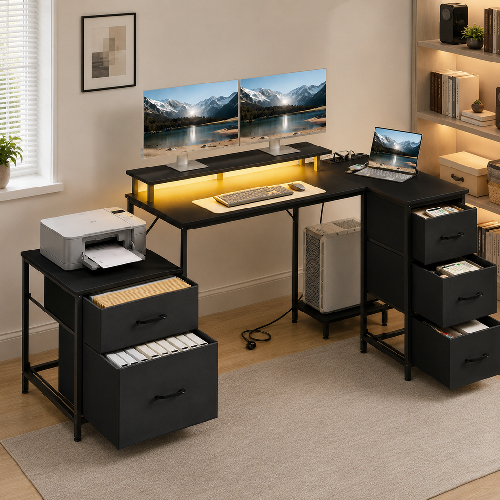 Bureau d’angle noir avec LED, 180 cm avec 5 tiroirs, rangements et ports USB