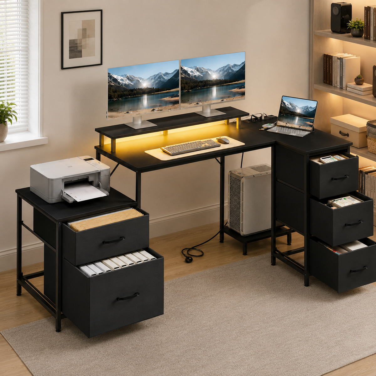 Bureau d’angle noir avec LED, 180 cm avec 5 tiroirs, rangements et ports USB