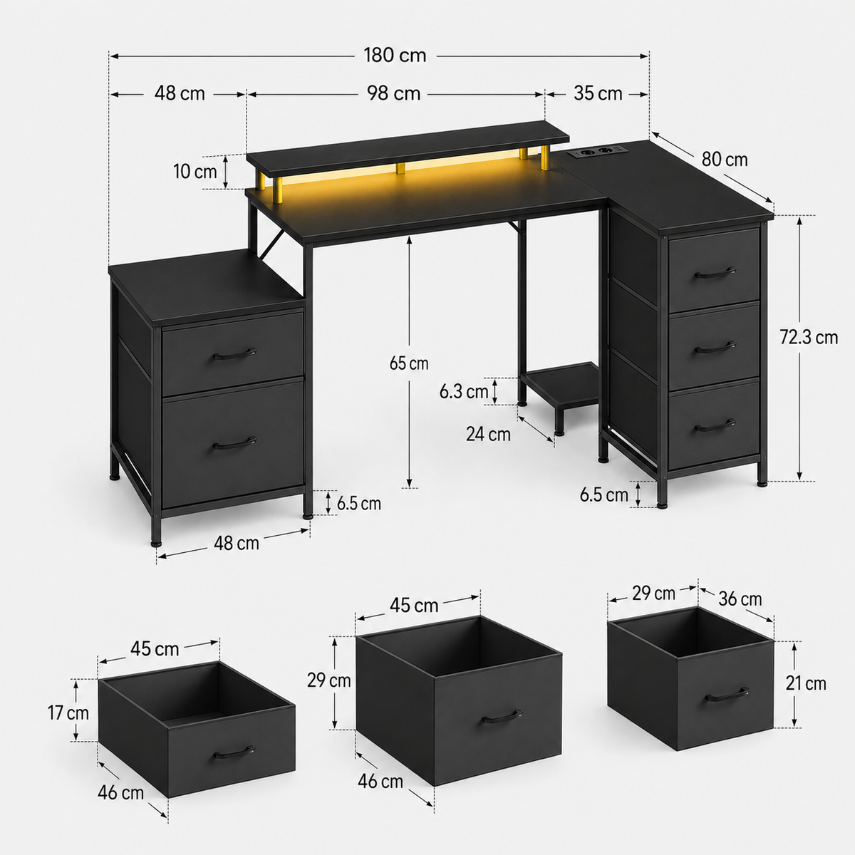 Bureau d’angle noir avec LED, 180 cm avec 5 tiroirs, rangements et ports USB