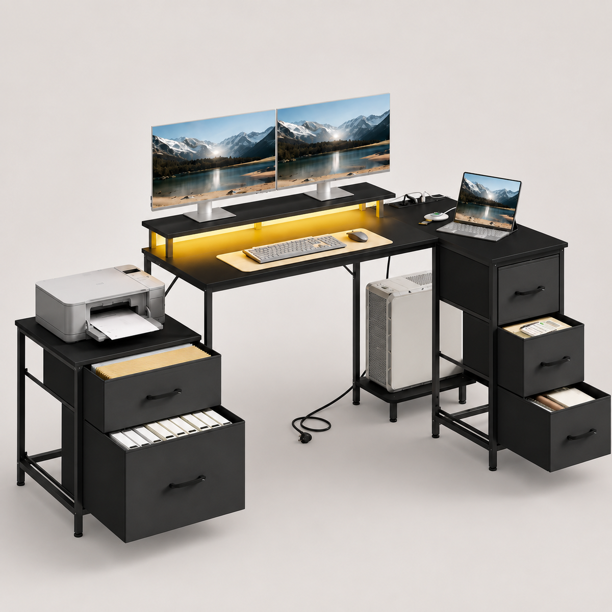 Bureau d’angle noir avec LED, 180 cm avec 5 tiroirs, rangements et ports USB