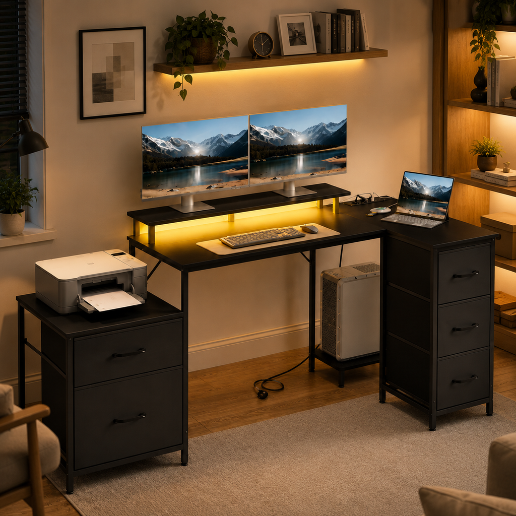 Bureau d’angle noir avec LED, 180 cm avec 5 tiroirs, rangements et ports USB