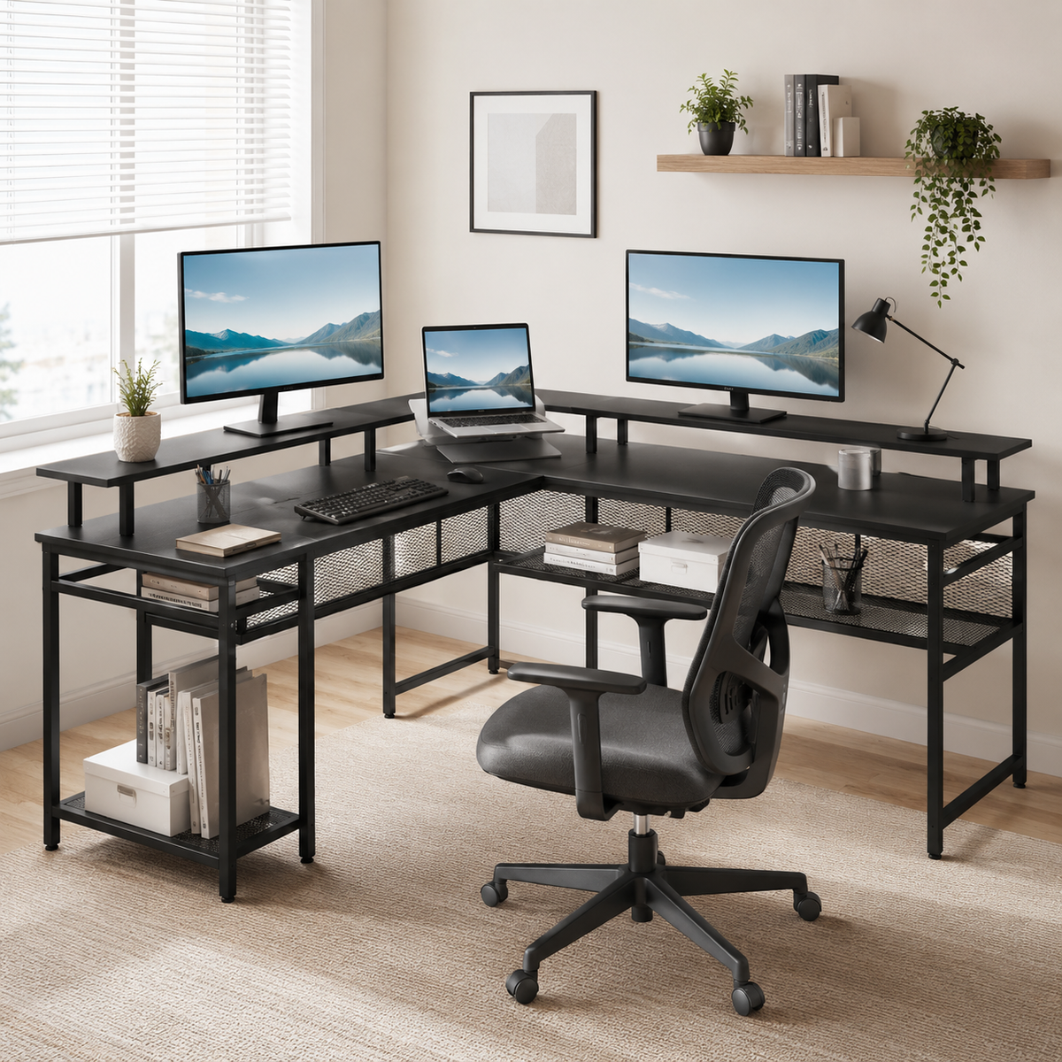Bureau d'angle réversible noir 136 × 118 cm avec LED, prises et rangements