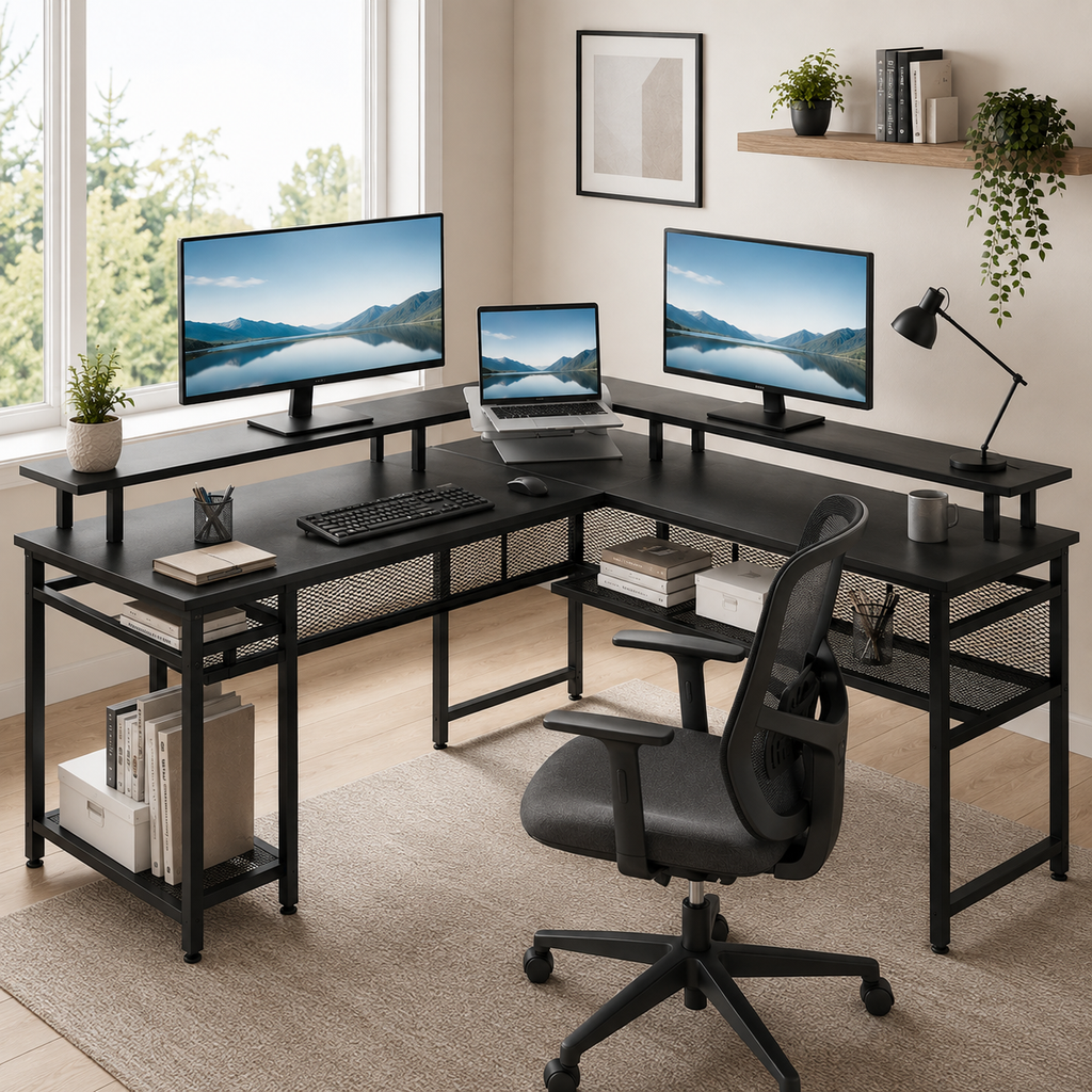 Bureau d'angle réversible noir 136 × 118 cm avec LED, prises et rangements