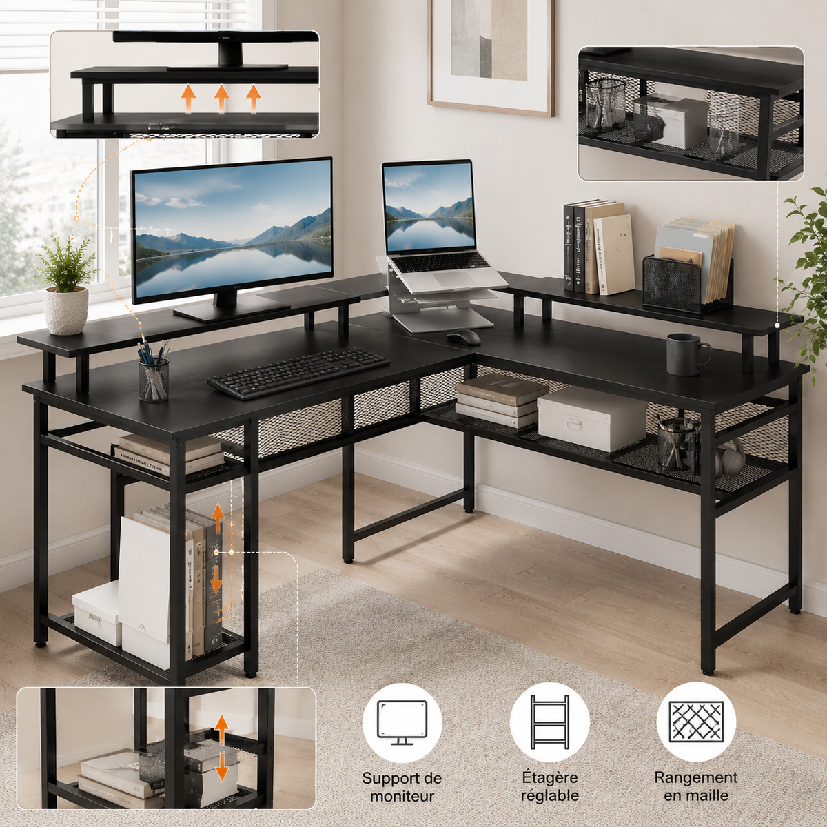 Bureau d'angle réversible noir 136 × 118 cm avec LED, prises et rangements