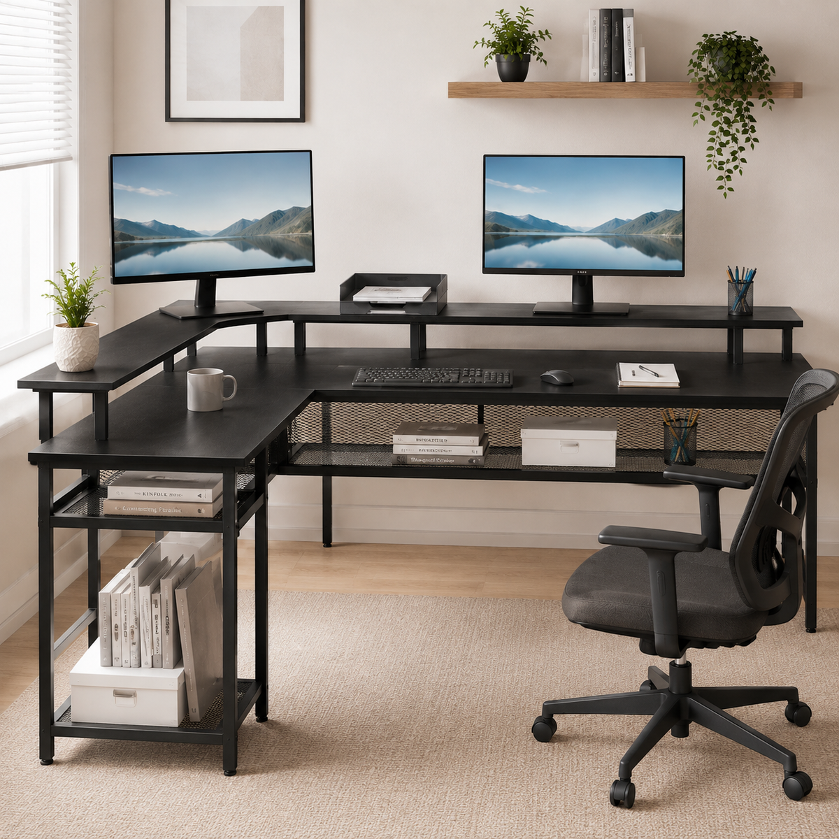 Bureau d'angle réversible noir 136 × 118 cm avec LED, prises et rangements