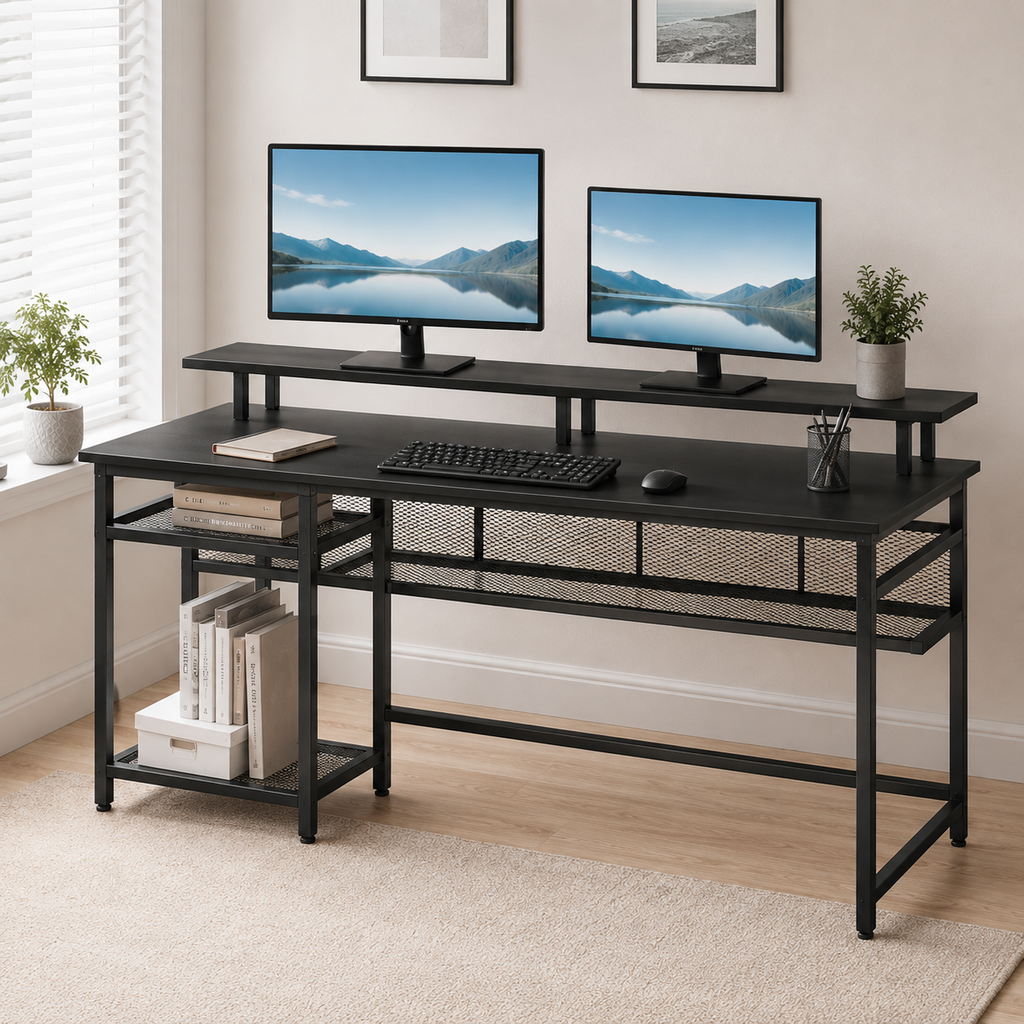 Bureau d'angle réversible noir 136 × 118 cm avec LED, prises et rangements
