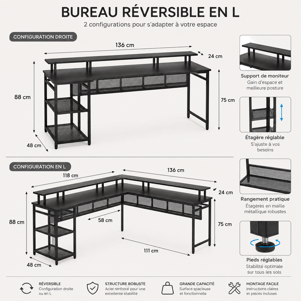 Bureau d'angle réversible noir 136 × 118 cm avec LED, prises et rangements