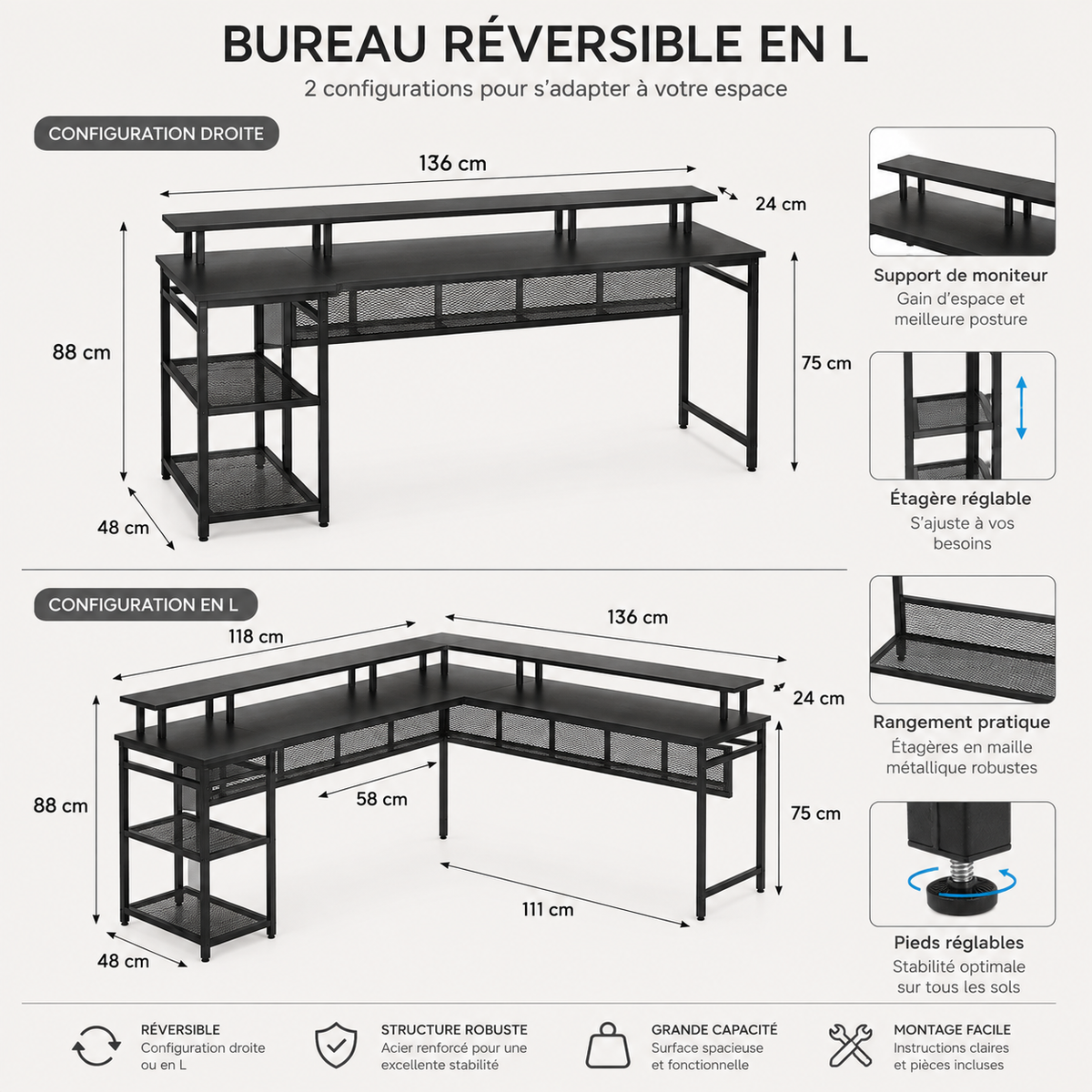 Bureau d'angle réversible noir 136 × 118 cm avec LED, prises et rangements