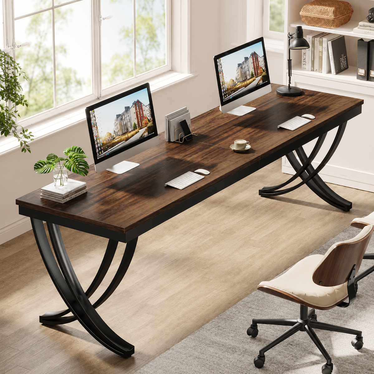 Bureau design double 200 cm en bois et métal pour deux personnes