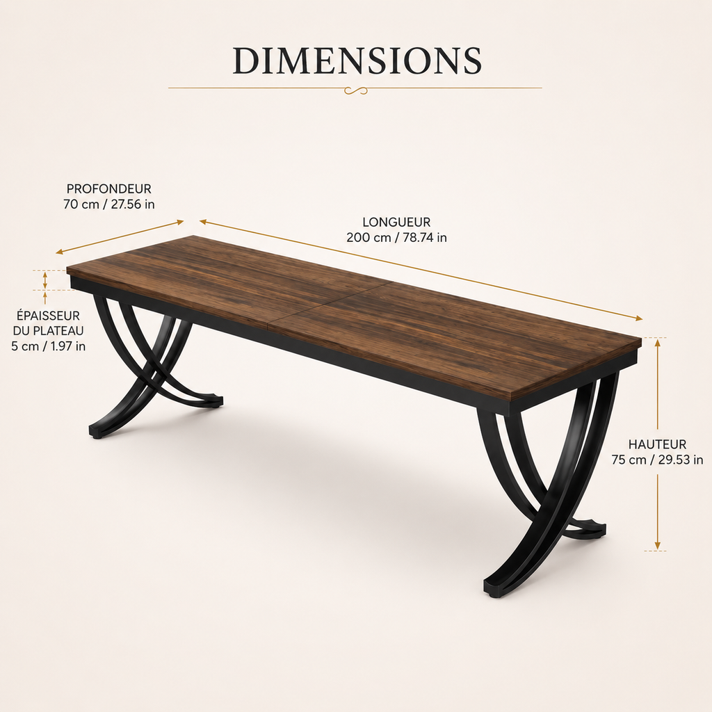Bureau design double 200 cm en bois et métal pour deux personnes