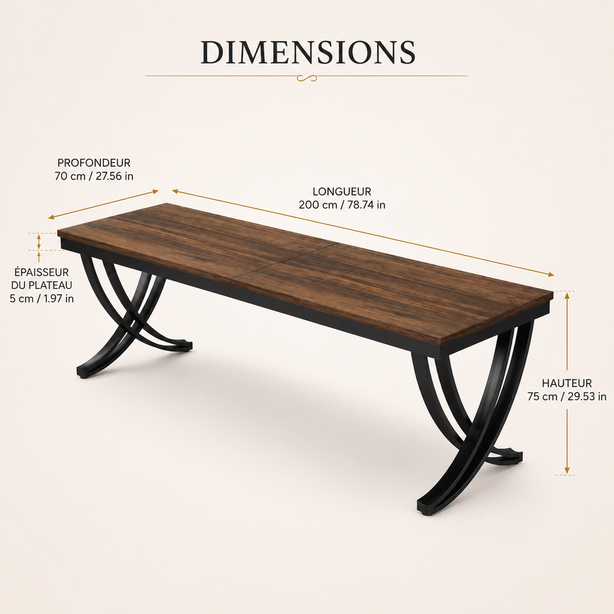 Bureau design double 200 cm en bois et métal pour deux personnes