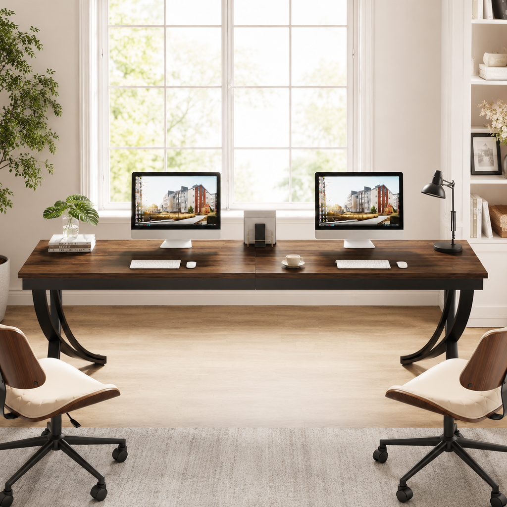 Bureau design double 200 cm en bois et métal pour deux personnes