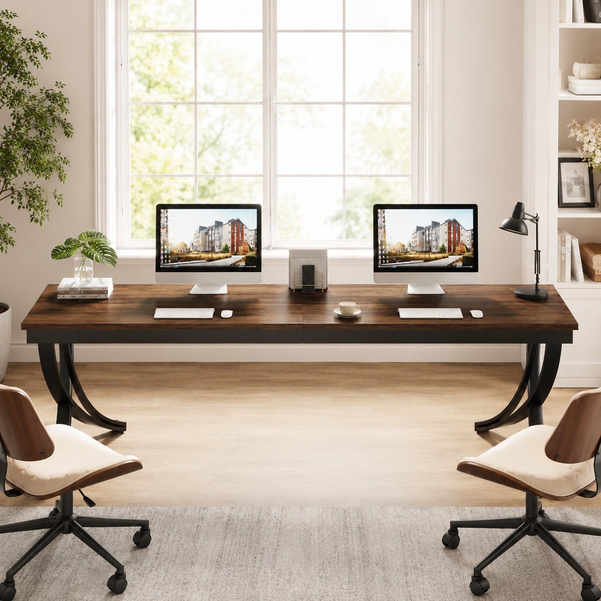 Bureau design double 200 cm en bois et métal pour deux personnes