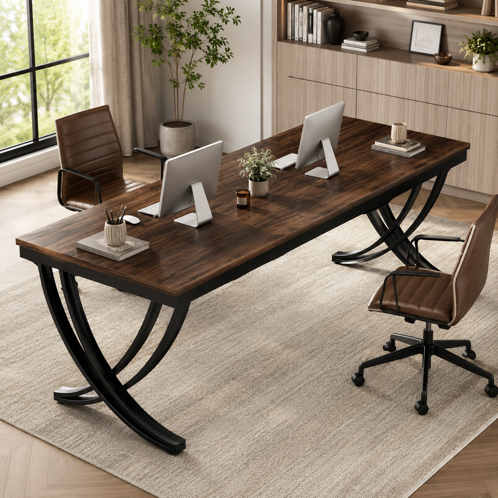 Bureau design double 200 cm en bois et métal pour deux personnes