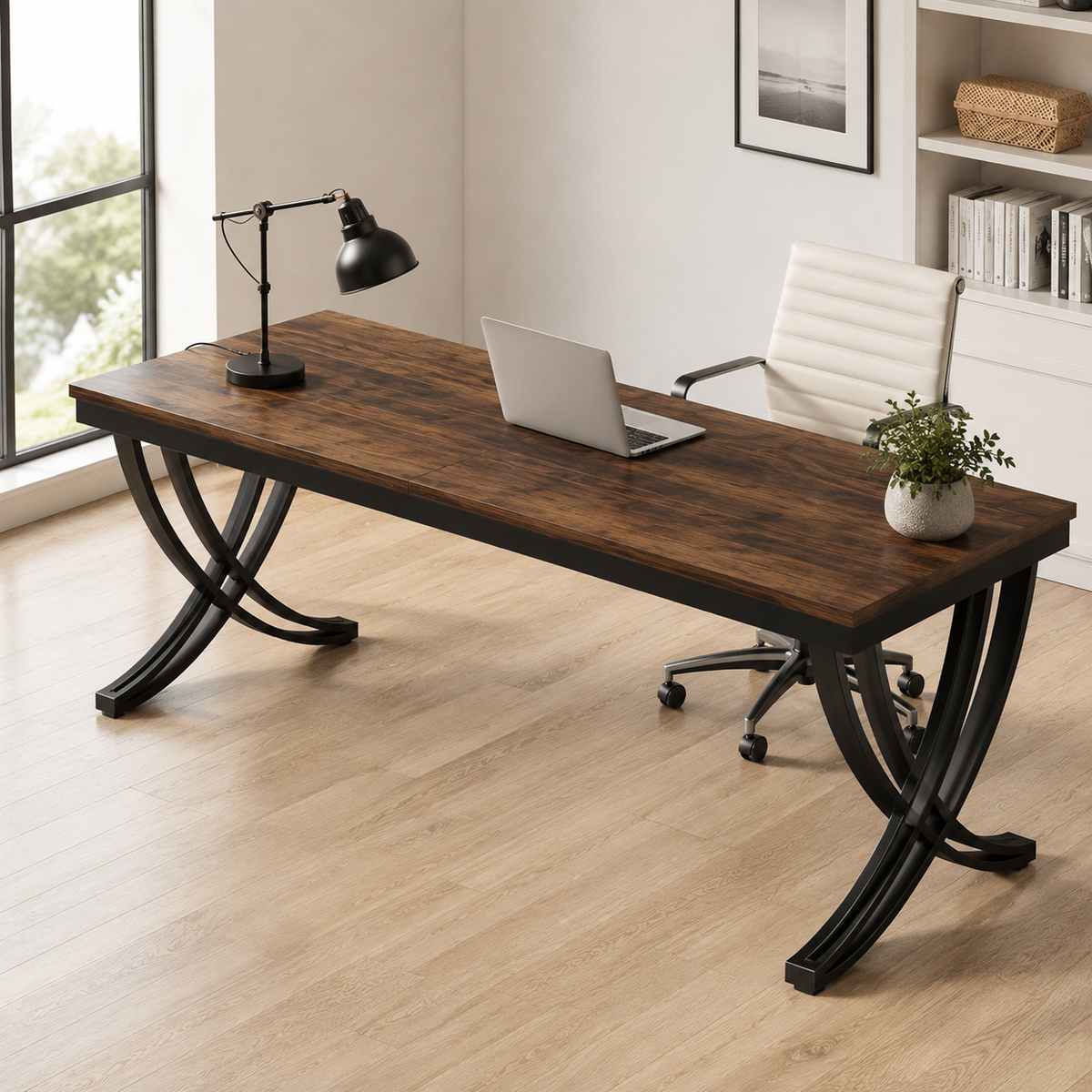Bureau design double 200 cm en bois et métal pour deux personnes