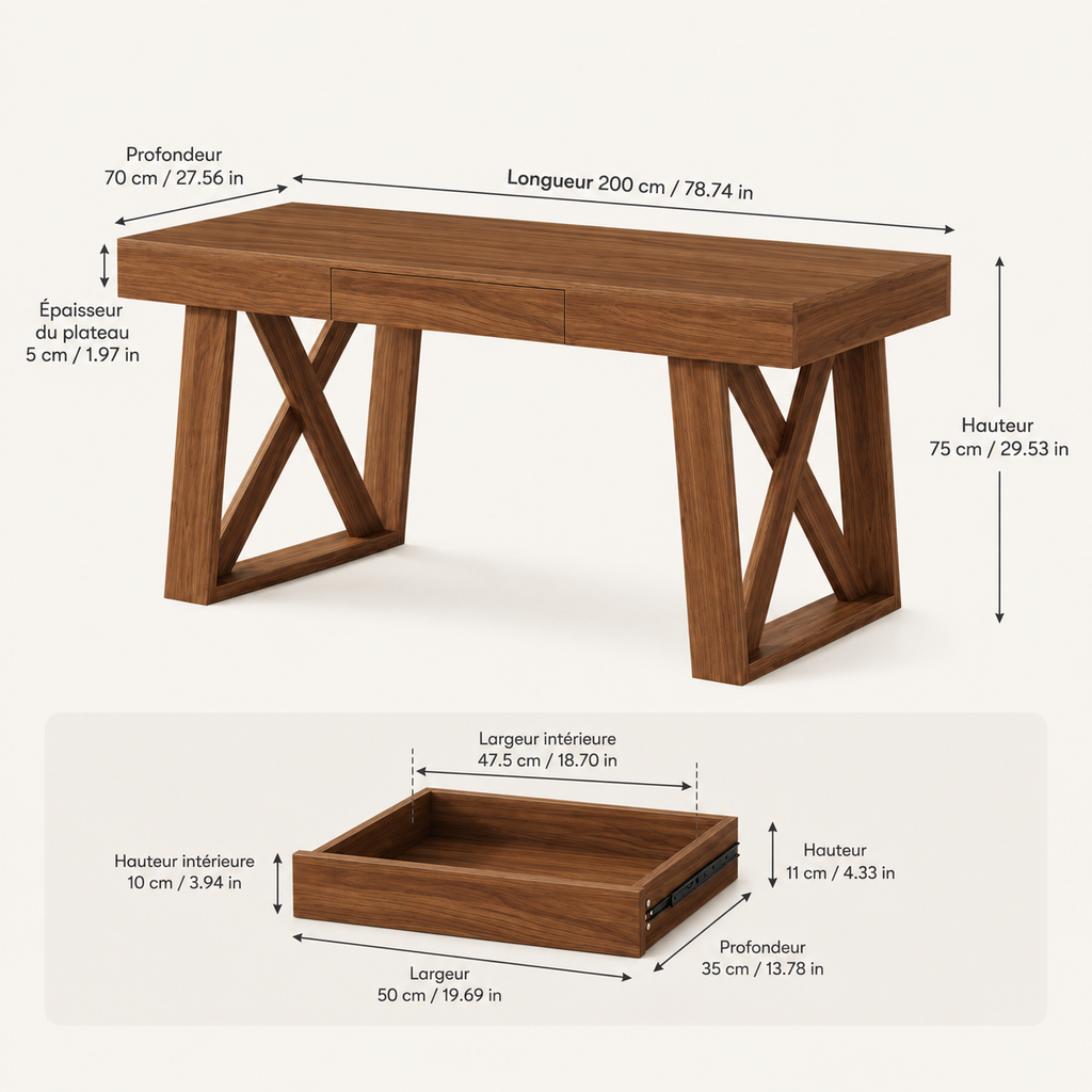Bureau design en bois effet noyer 200 cm avec tiroir intégré