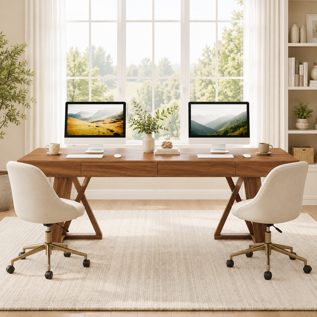 Bureau design en bois effet noyer 200 cm avec tiroir intégré