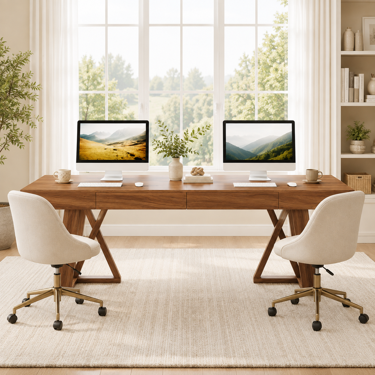 Bureau design en bois effet noyer 200 cm avec tiroir intégré