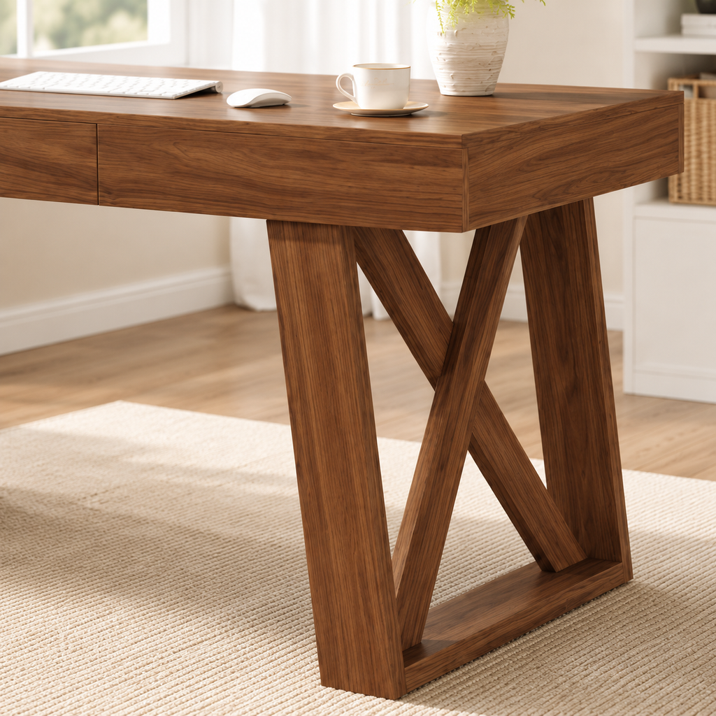 Bureau design en bois effet noyer 200 cm avec tiroir intégré
