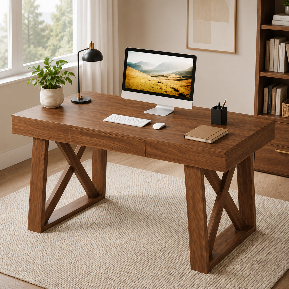 Bureau design en bois effet noyer 200 cm avec tiroir intégré