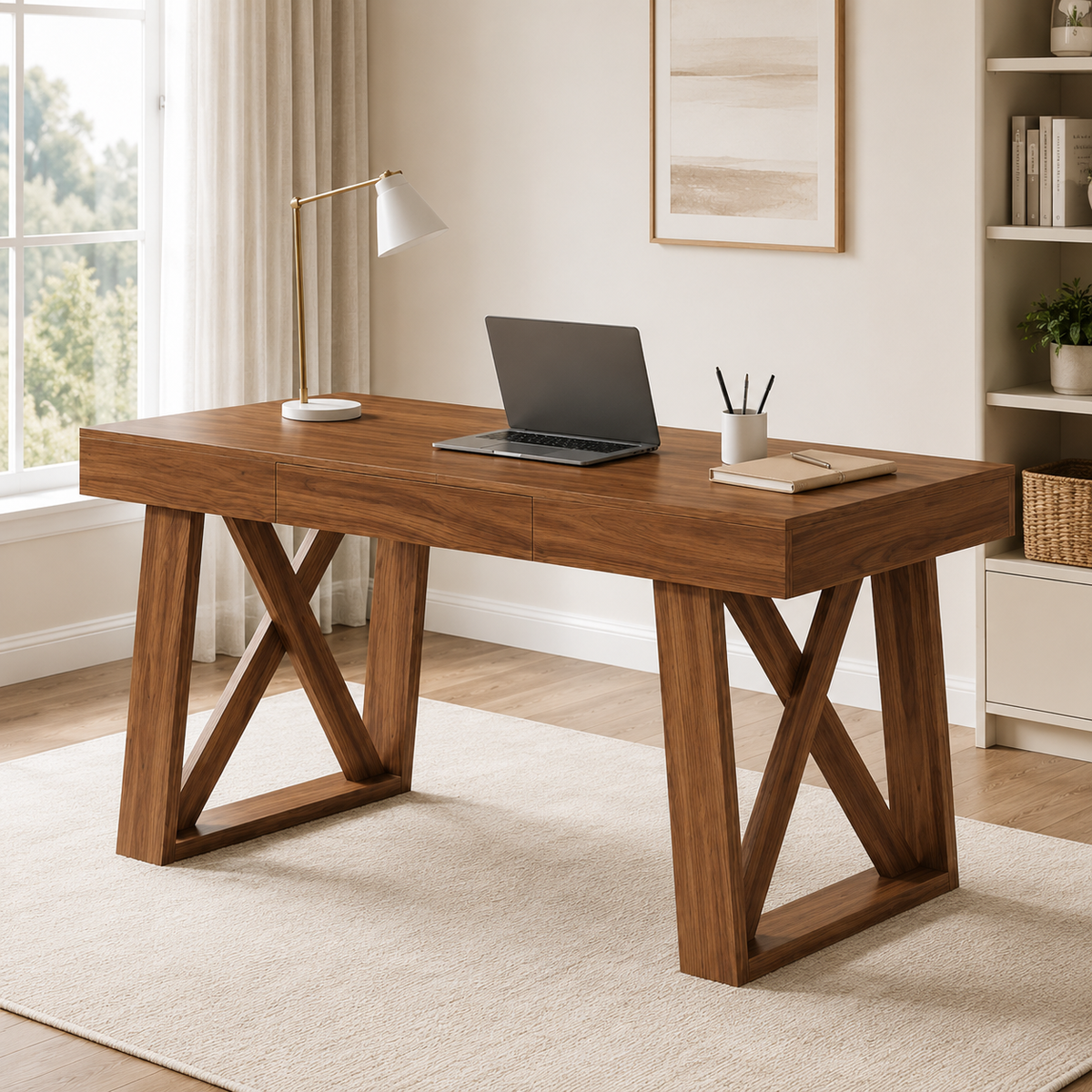 Bureau design en bois effet noyer 200 cm avec tiroir intégré