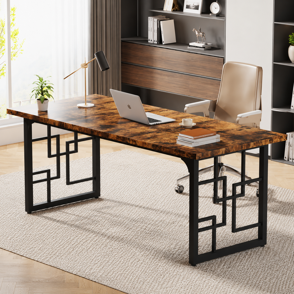 Bureau design industriel 160 cm en bois rustique et métal noir