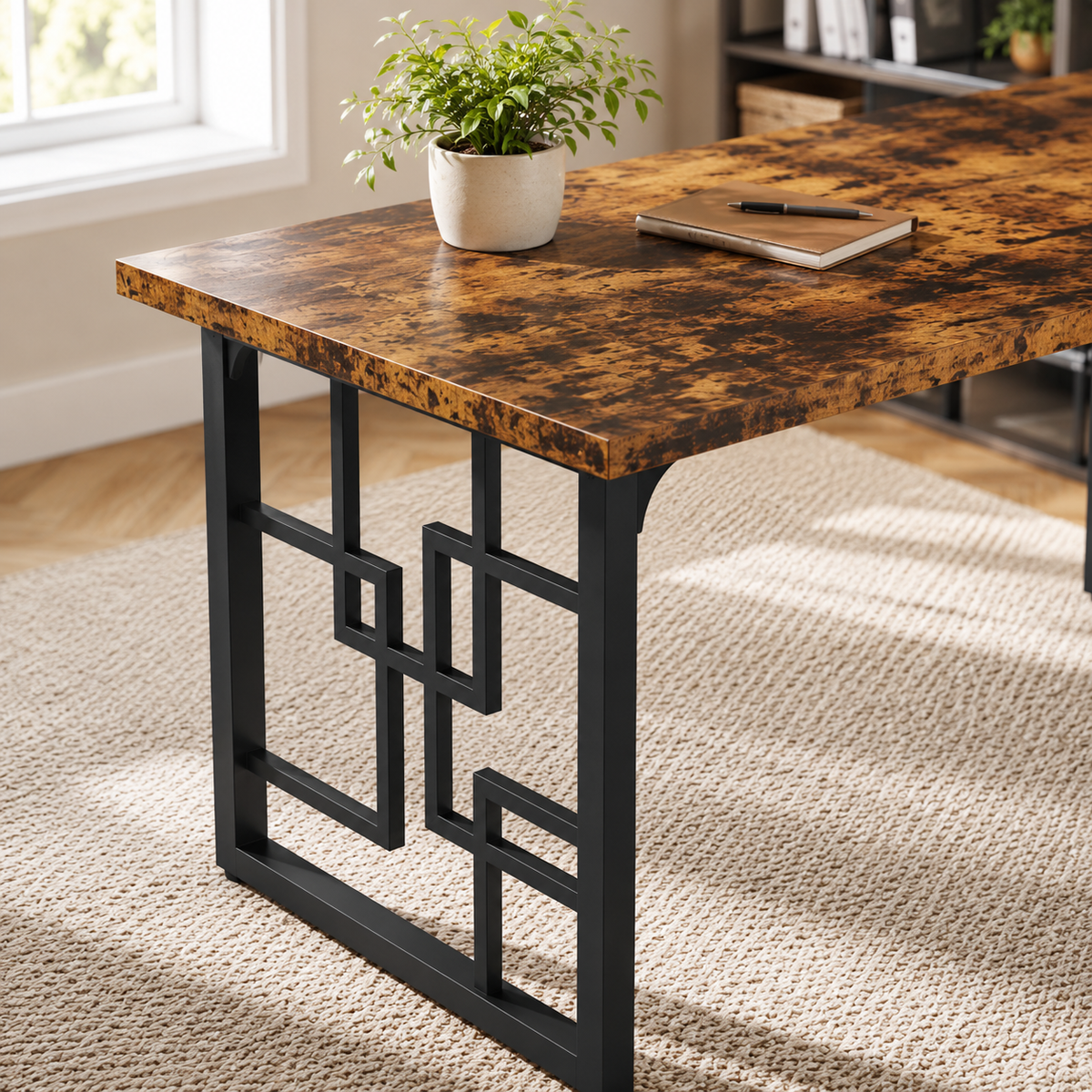 Bureau design industriel 160 cm en bois rustique et métal noir