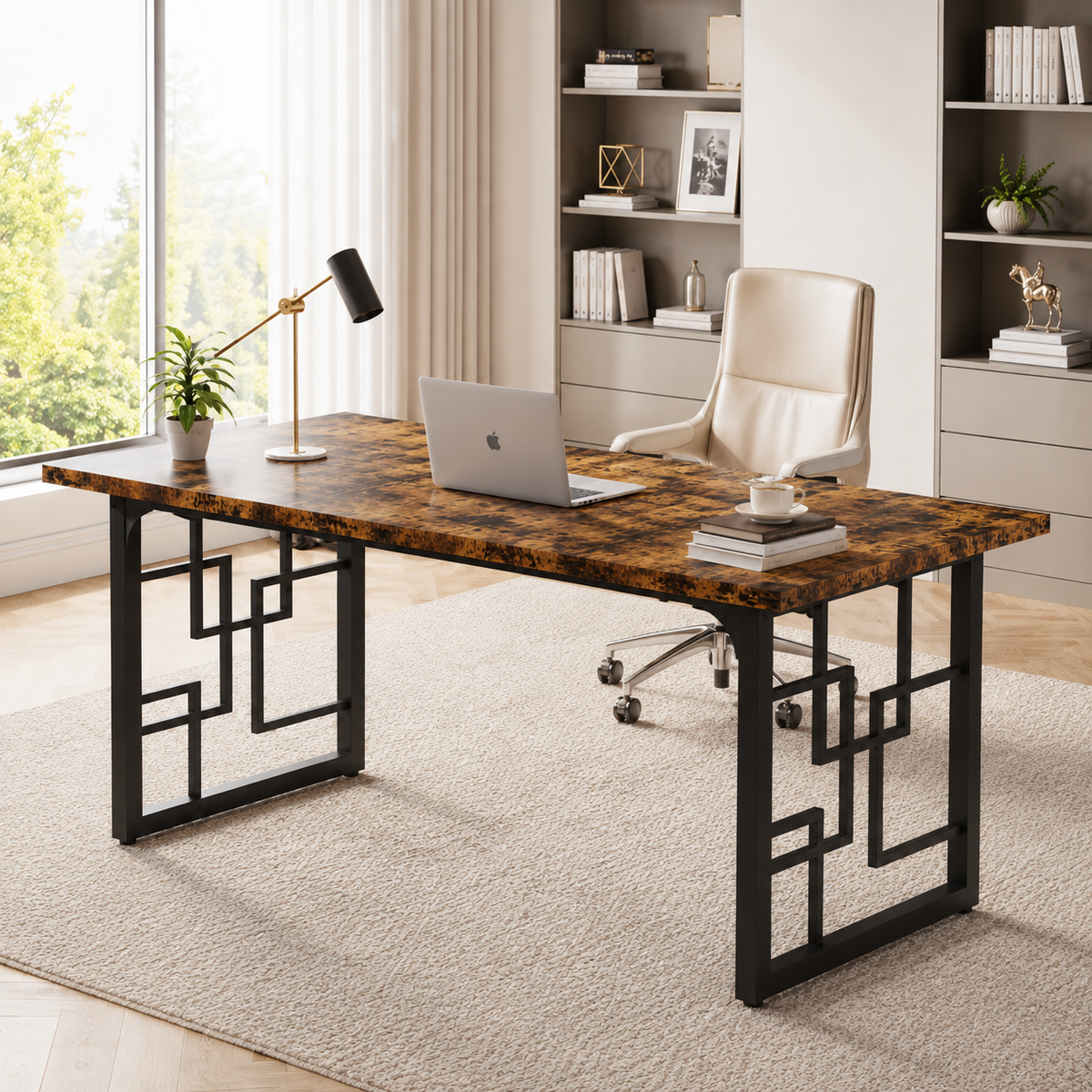 Bureau design industriel 160 cm en bois rustique et métal noir