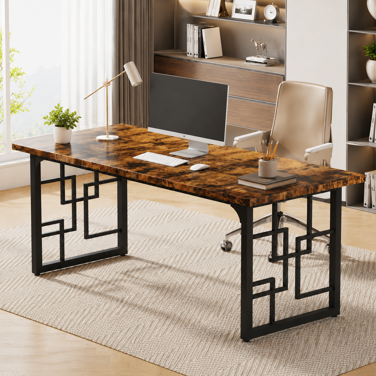 Bureau design industriel 160 cm en bois rustique et métal noir