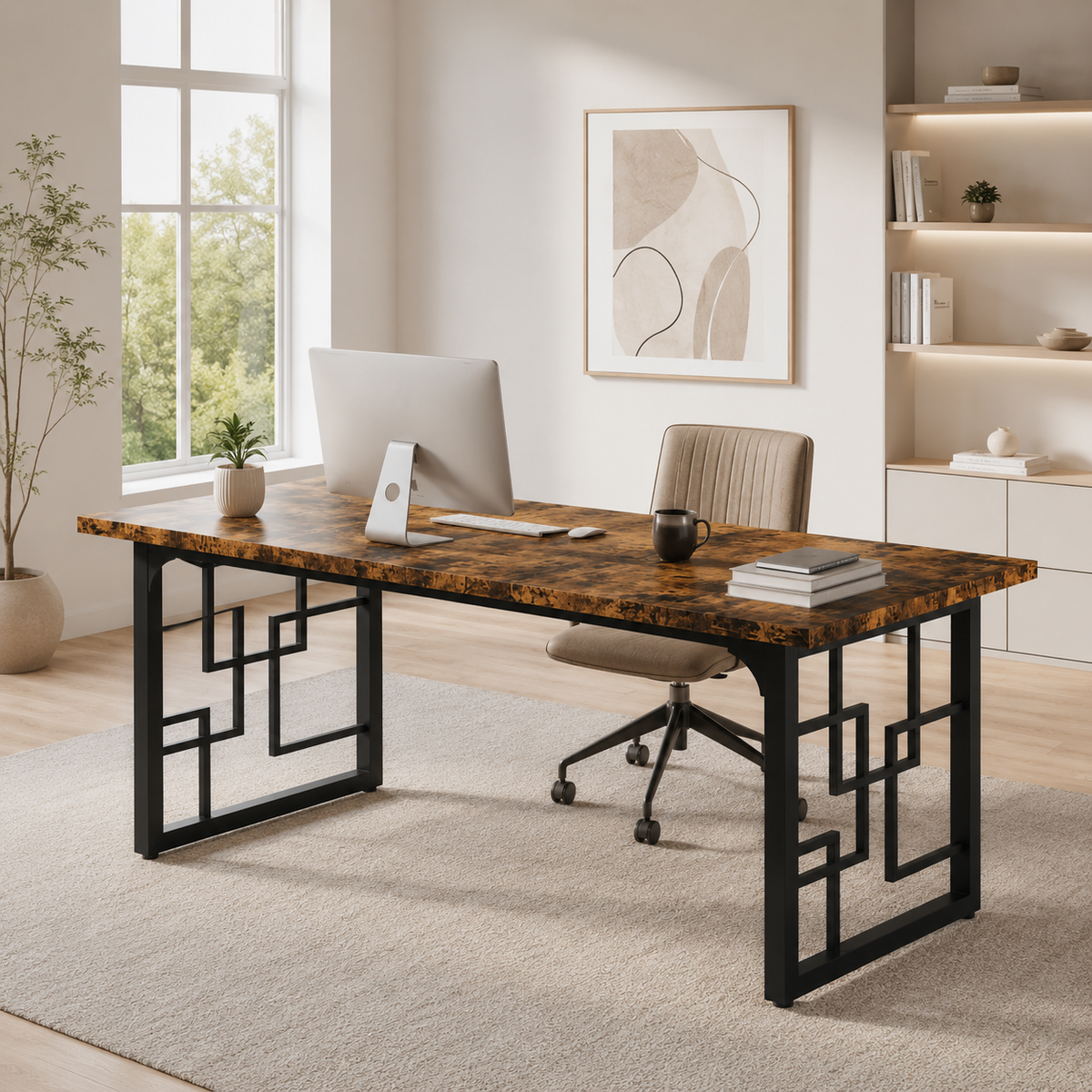 Bureau design industriel 160 cm en bois rustique et métal noir
