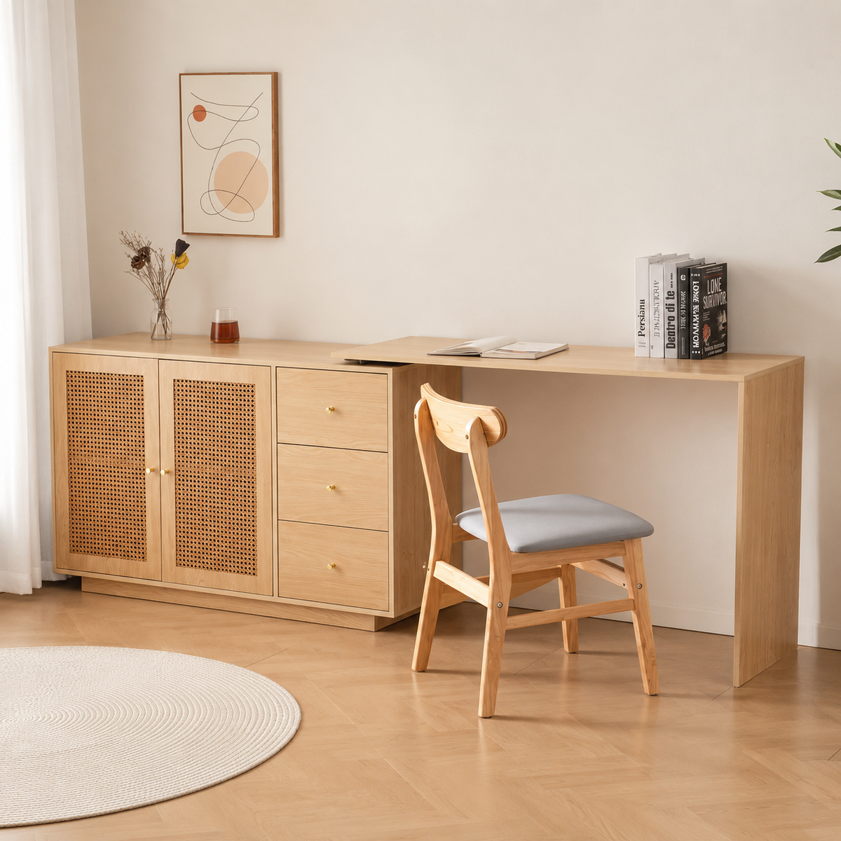 Bureau pliable pivotant 360° avec meuble en cannage et 3 tiroirs