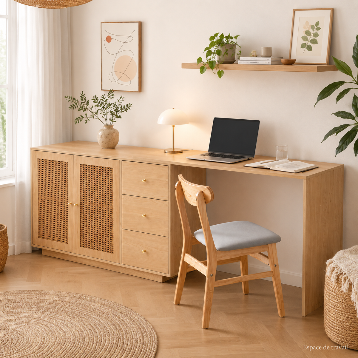 Bureau pliable pivotant 360° avec meuble en cannage et 3 tiroirs