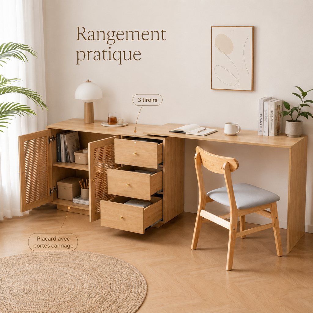Bureau pliable pivotant 360° avec meuble en cannage et 3 tiroirs