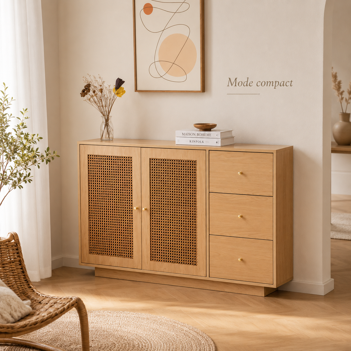 Bureau pliable pivotant 360° avec meuble en cannage et 3 tiroirs