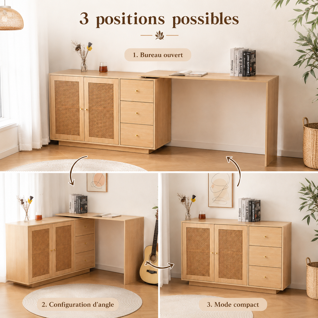 Bureau pliable pivotant 360° avec meuble en cannage et 3 tiroirs