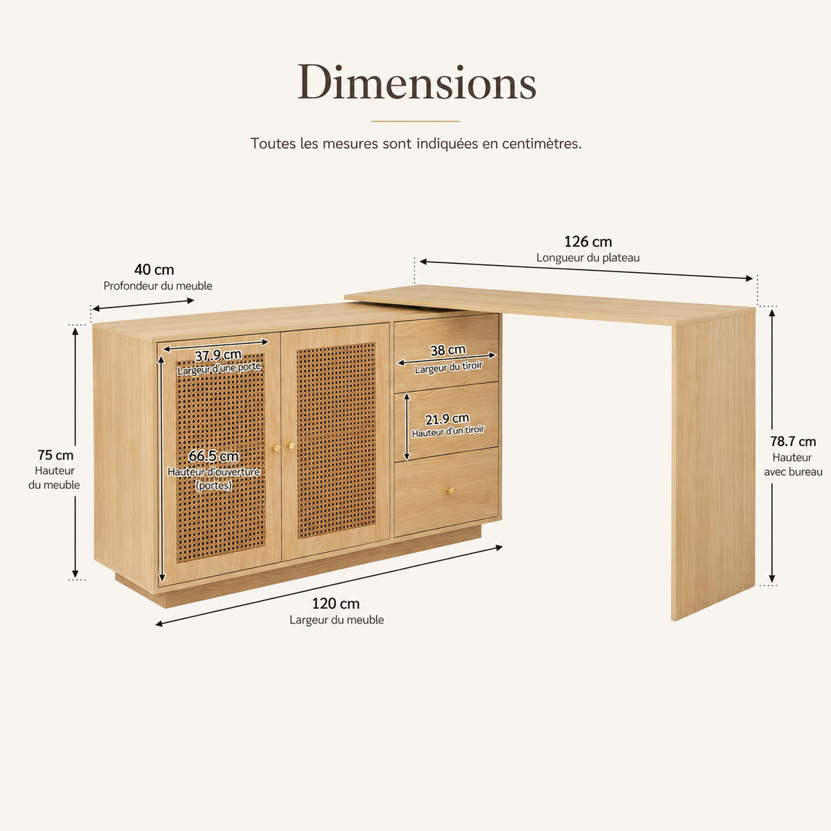 Bureau pliable pivotant 360° avec meuble en cannage et 3 tiroirs