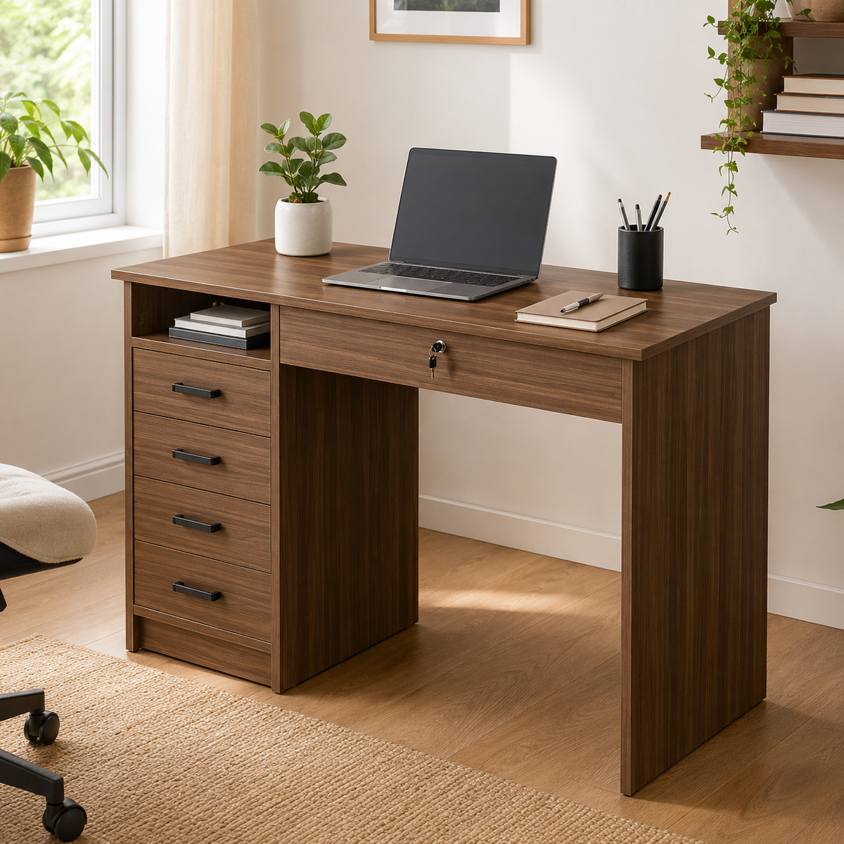 Bureau design compact effet noyer 110 cm avec 5 tiroirs et serrure
