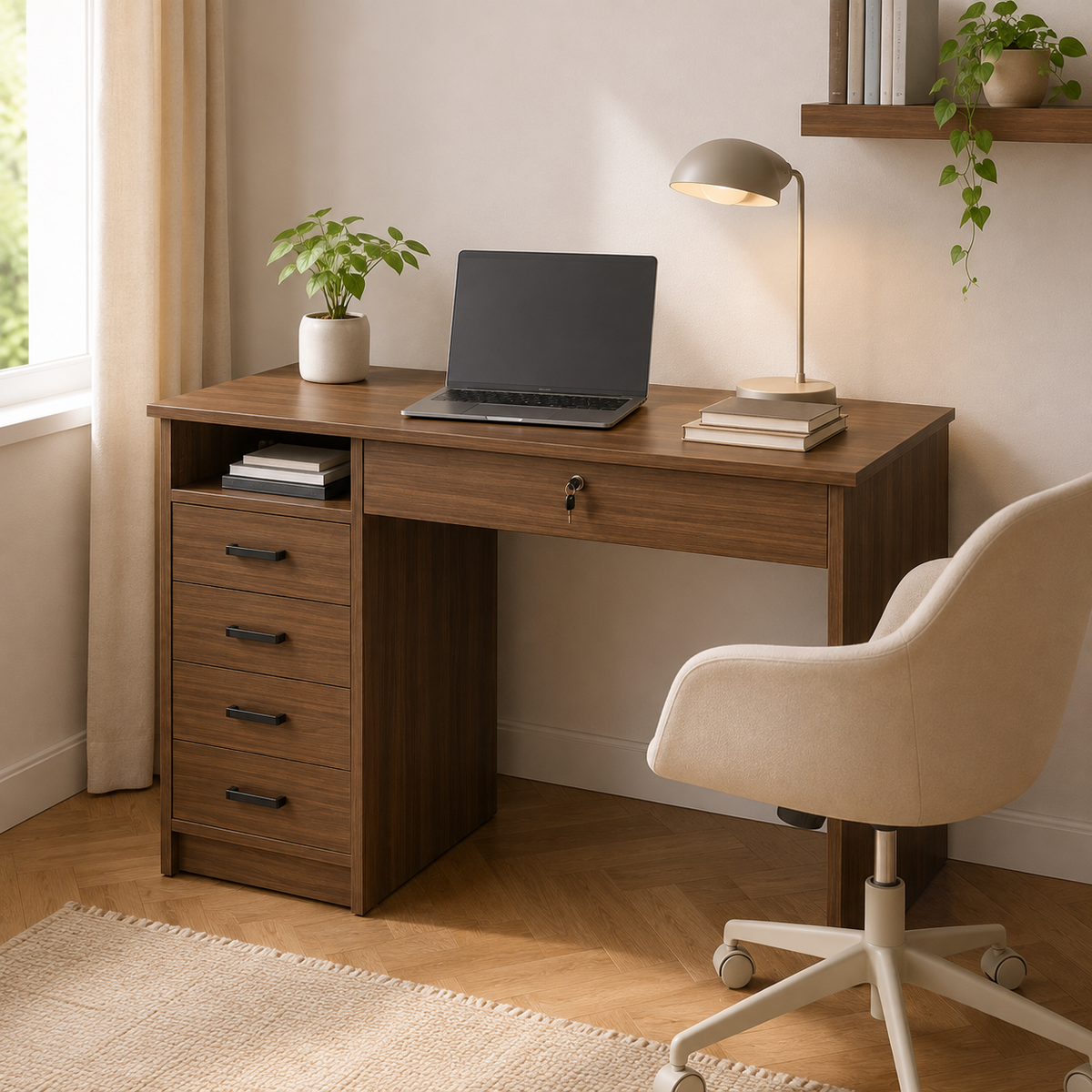 Bureau design compact effet noyer 110 cm avec 5 tiroirs et serrure