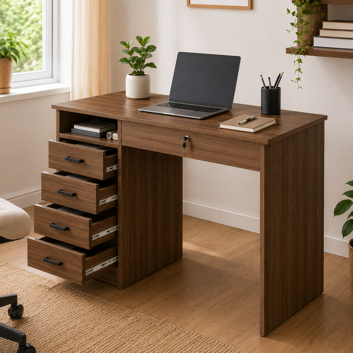 Bureau design compact effet noyer 110 cm avec 5 tiroirs et serrure