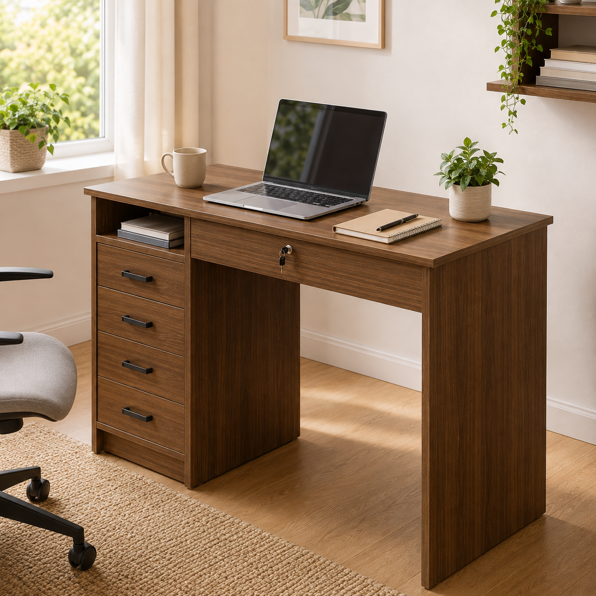 Bureau design compact effet noyer 110 cm avec 5 tiroirs et serrure