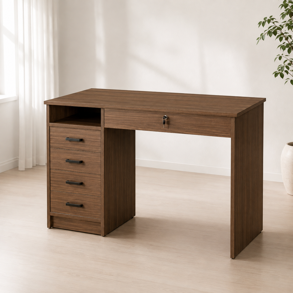 Bureau design compact effet noyer 110 cm avec 5 tiroirs et serrure