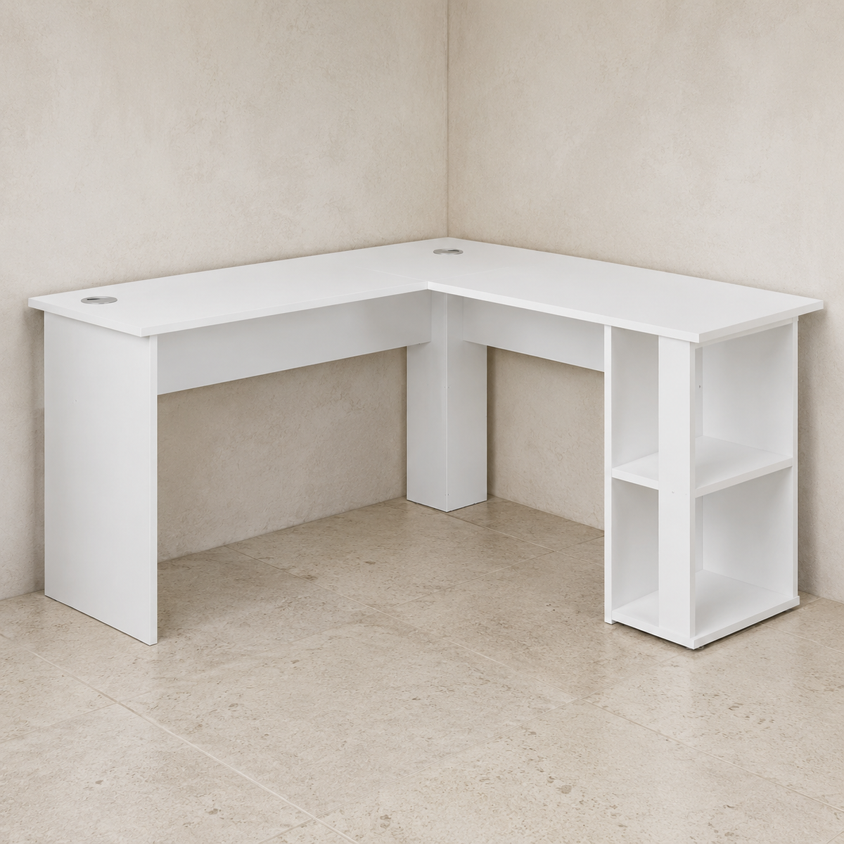 Bureau d’angle en L blanc 140 cm avec étagères