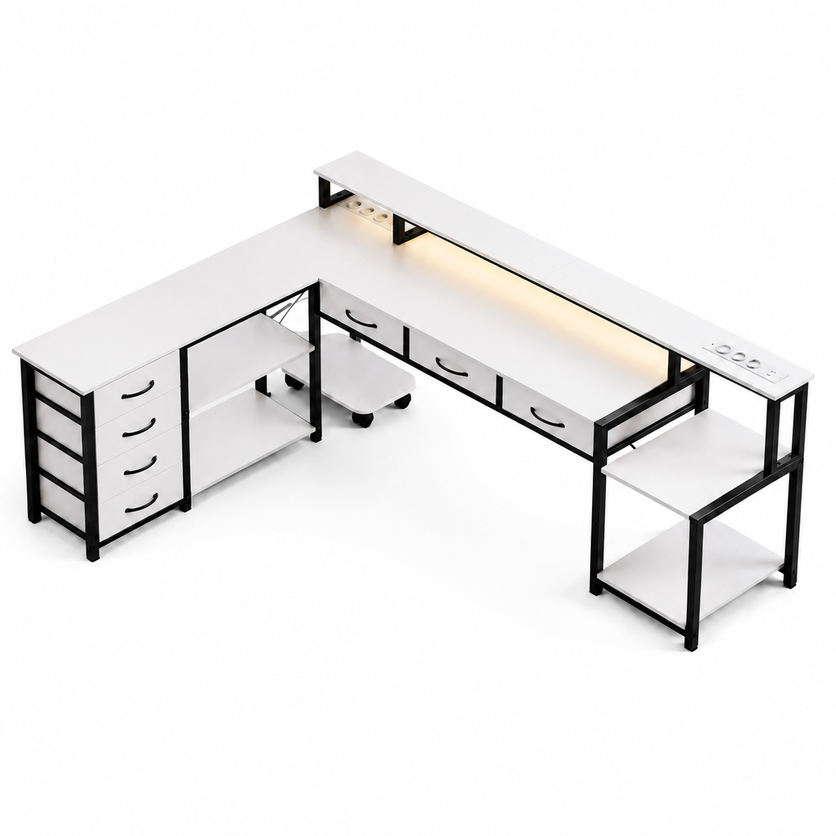Bureau d'angle 200 cm blanc avec rangement, LED et USB