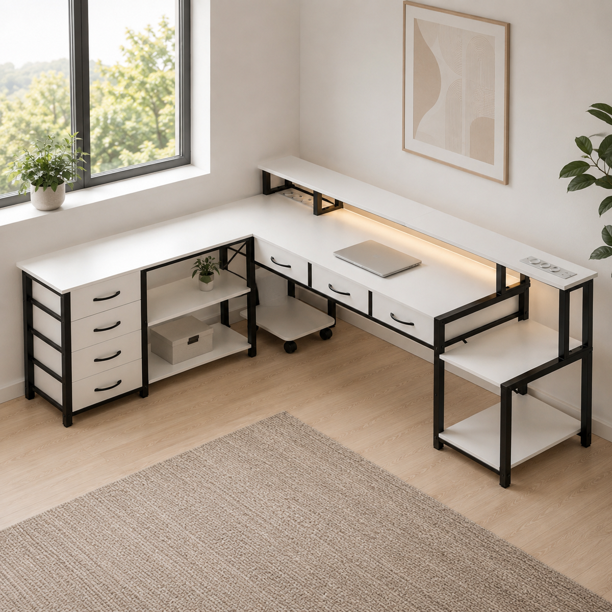 Bureau d'angle 200 cm blanc avec rangement, LED et USB