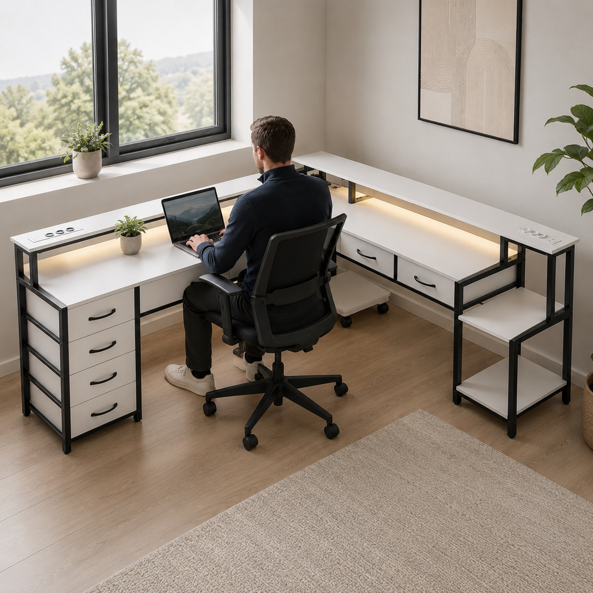 Bureau d'angle 200 cm blanc avec rangement, LED et USB