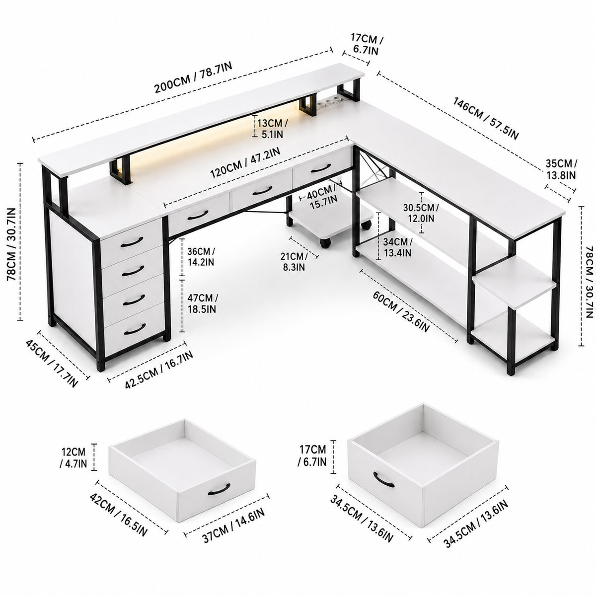 Bureau d'angle 200 cm blanc avec rangement, LED et USB