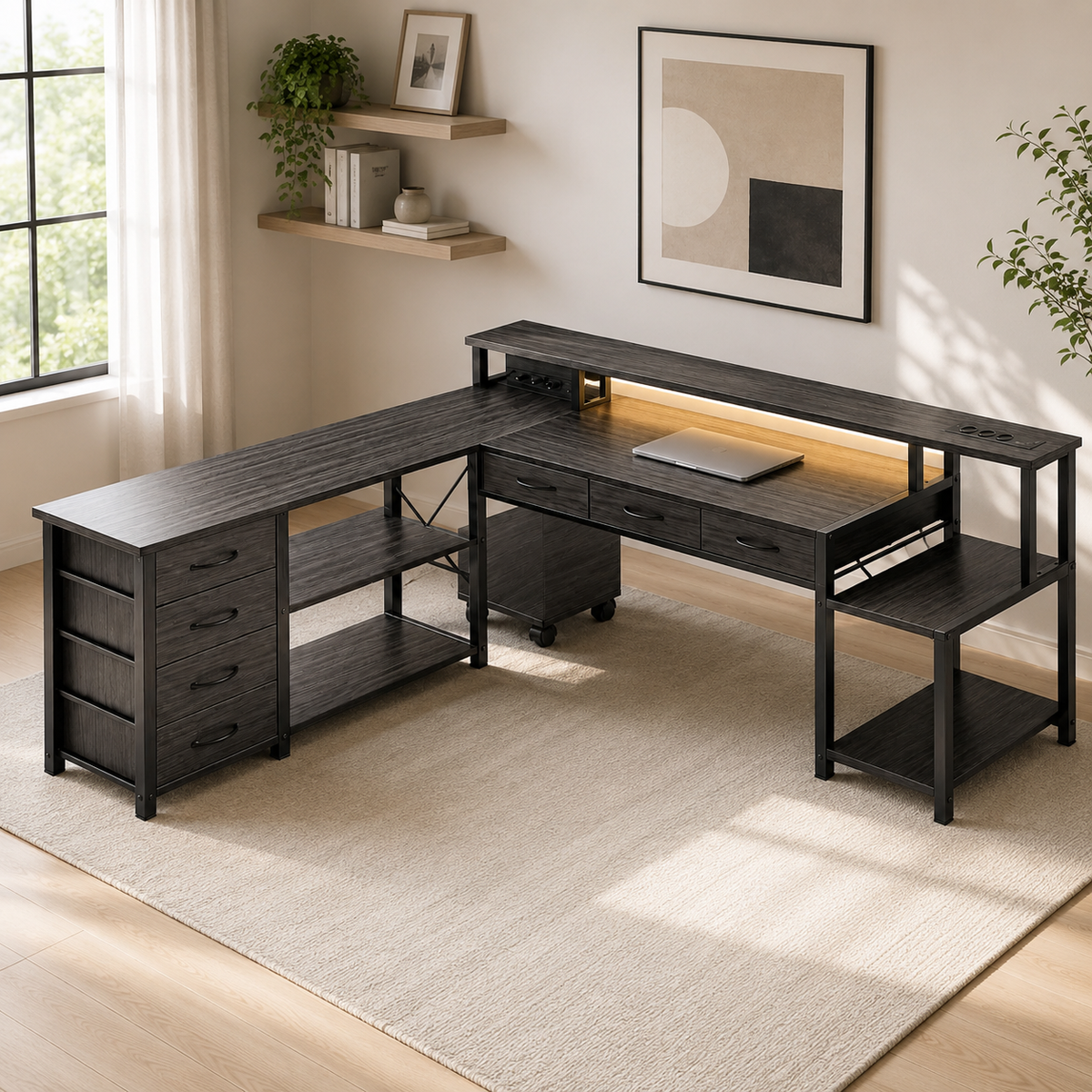 Bureau d'angle 200 cm gris foncé avec rangement, LED et USB